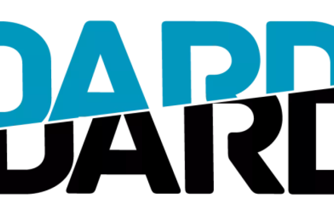 Logo de la revue DARD/DARD avec le texte DARD en haut en bleu et en-dessous en noir, coupé au milieu en diagnonale